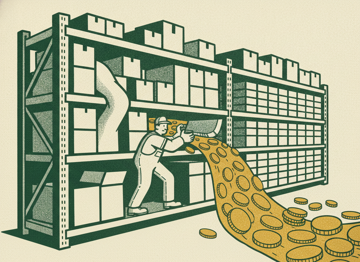 A warehouse shelf trimmed from overstuffed to right-sized with coins flowing from the cleared space.
