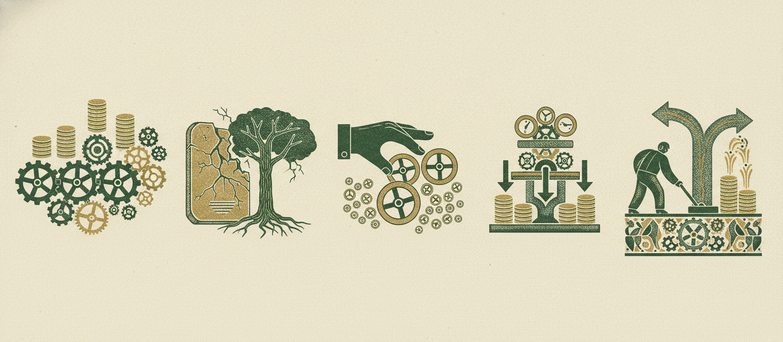 A wide woodcut frieze of driver-based modeling scenes: cranks driving gears, a crumbling ledger beside a tree, choosing key cranks, a three-tier gear structure, and a lever raising three coin fountains.