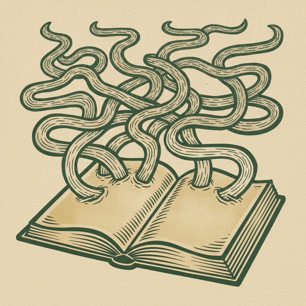 Woodcut of many tangled streams flowing into one calm clear ledger-shaped reservoir, showing a single source of truth for financial actuals.
