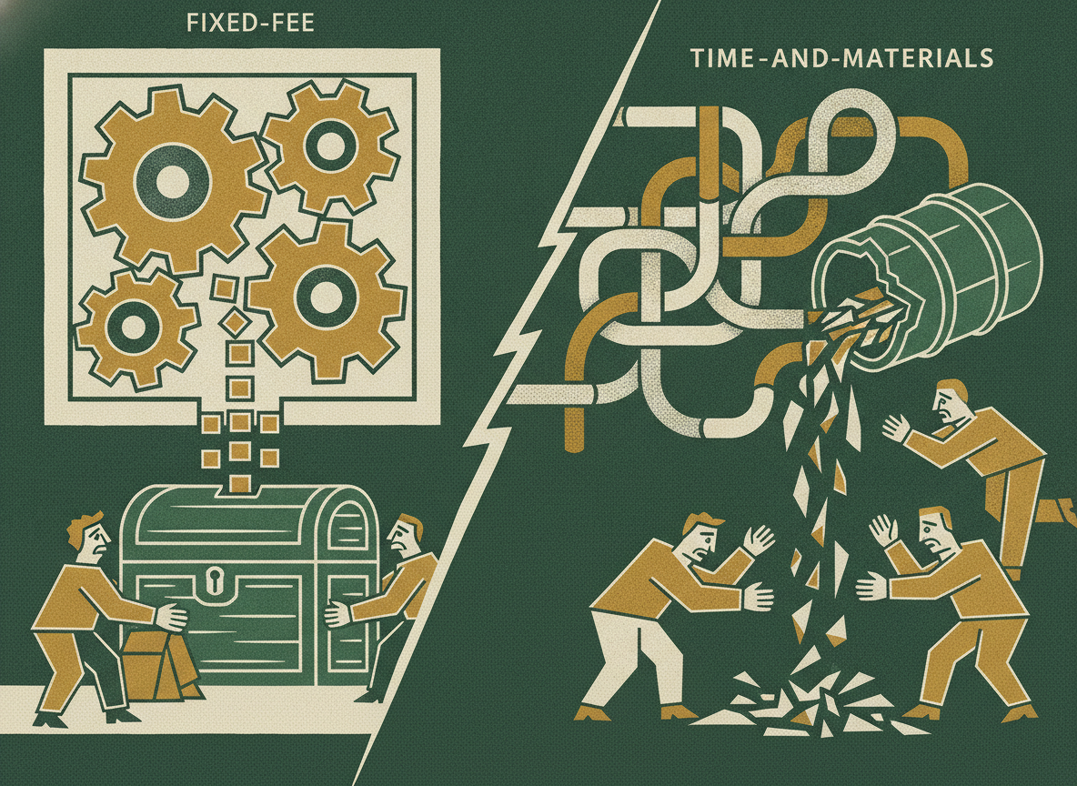Woodcut illustration representing fixed-fee vs time-and-materials: where margin actually leaks.