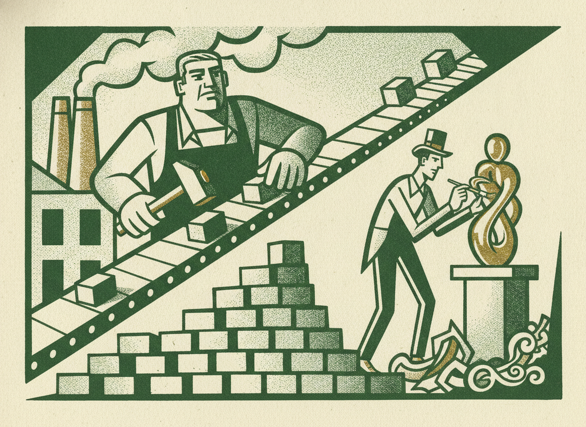 Woodcut illustration representing consistency beats polish.