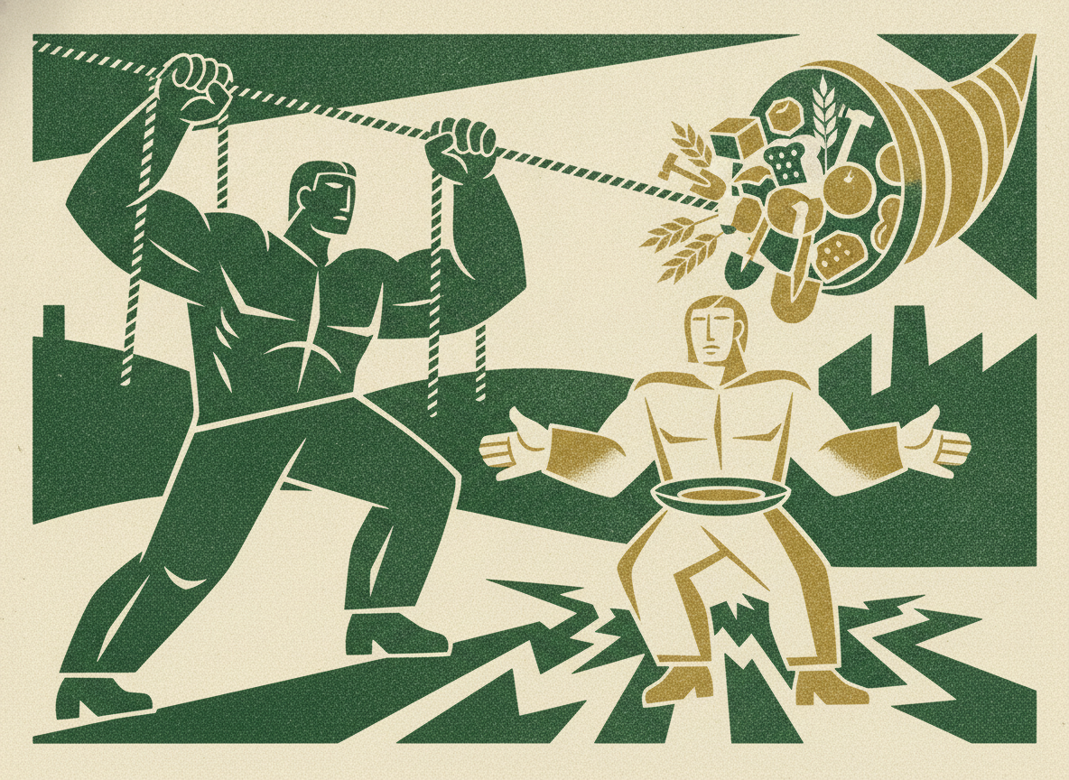Woodcut illustration representing pulling food and labor down without hurting the guest.