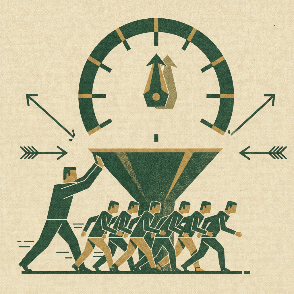 Investor figures arranged as a staged funnel and moved briskly under a countdown, showing a raise run like a compressed sales pipeline.
