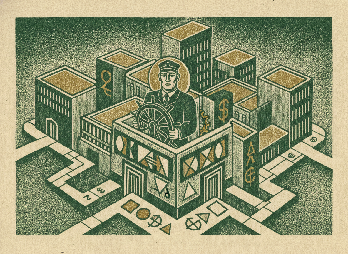 A company building growing into multiple entity wings with a full-time captain installed at the helm as complexity rises.