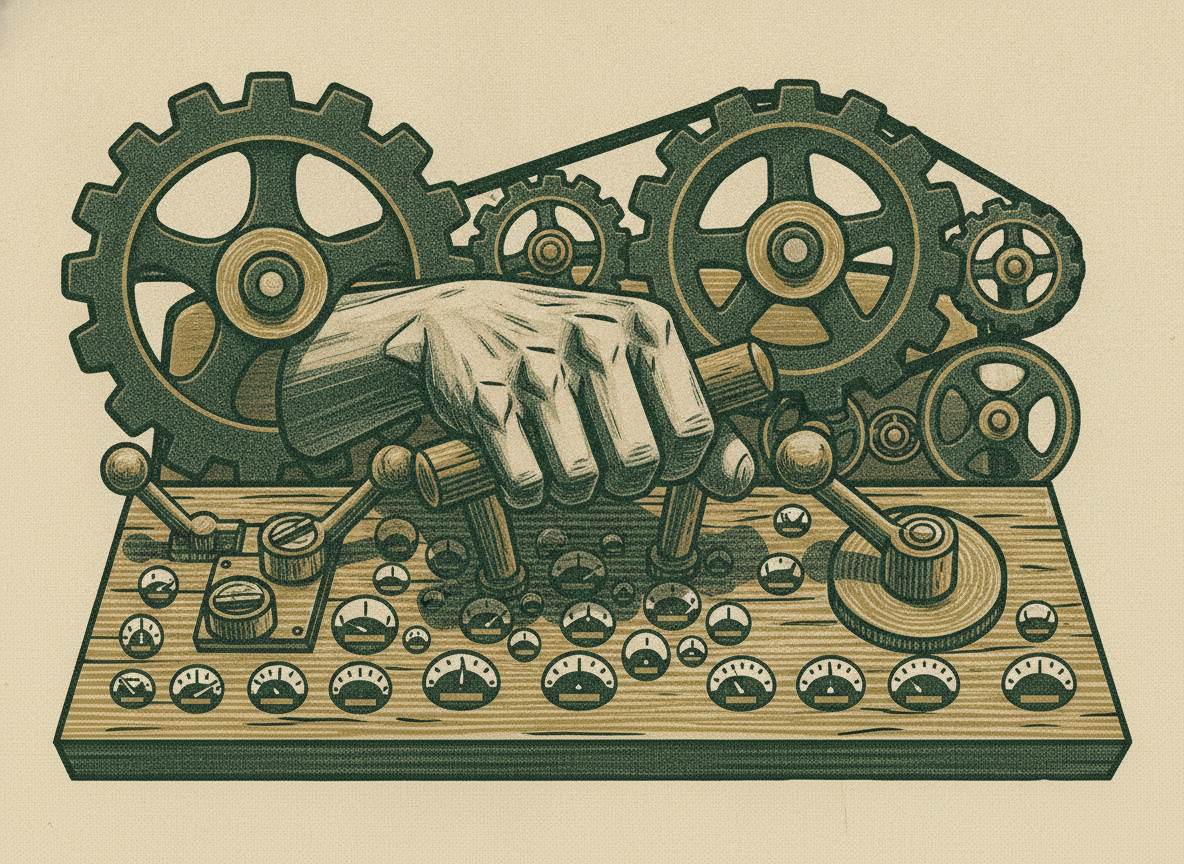 A hand choosing only a few large cranks among many small dials on a control panel, showing selection of the few drivers that matter.