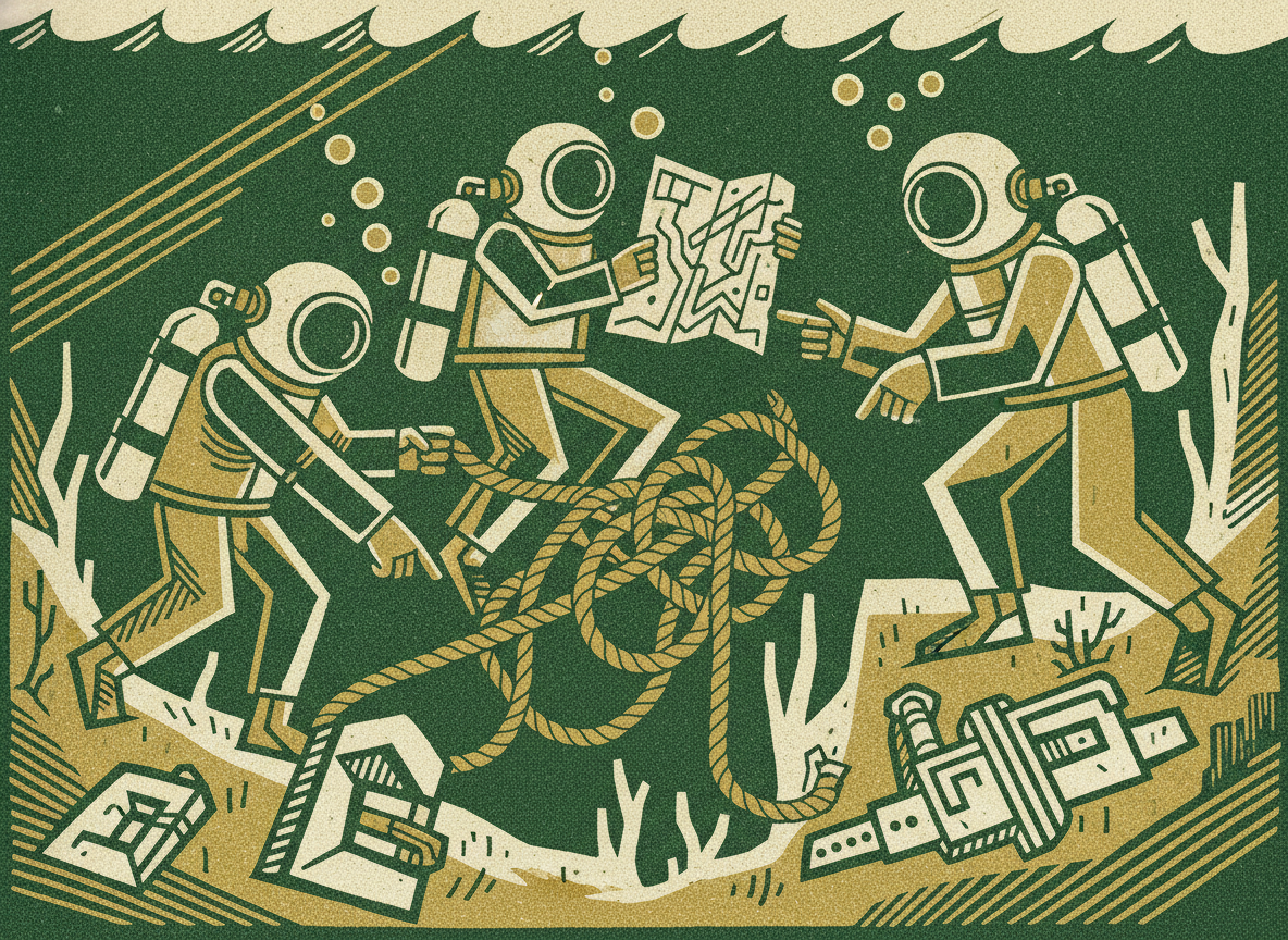 Woodcut illustration representing the team problem: underwater options.