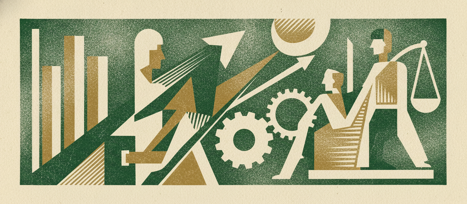 Wide woodcut finance frieze section divider.