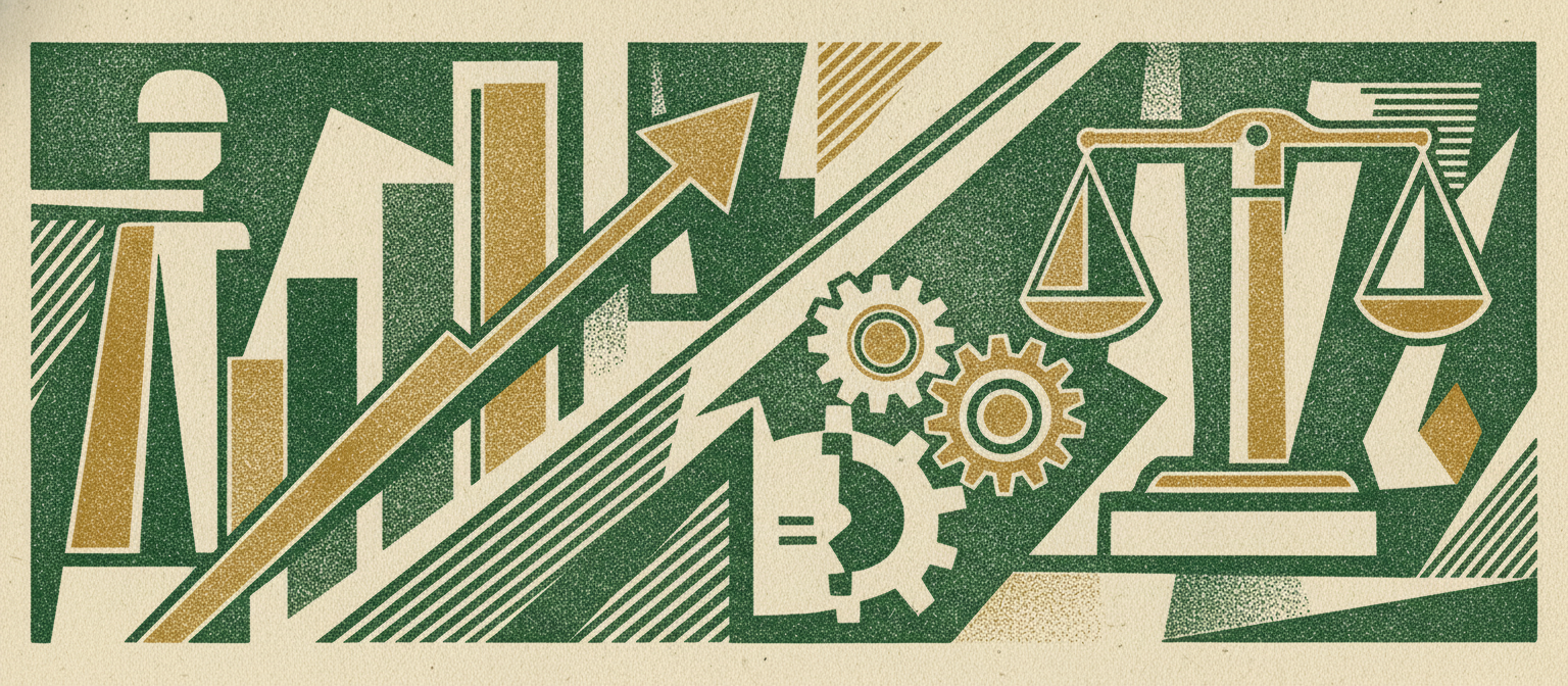 Wide woodcut finance frieze section divider.