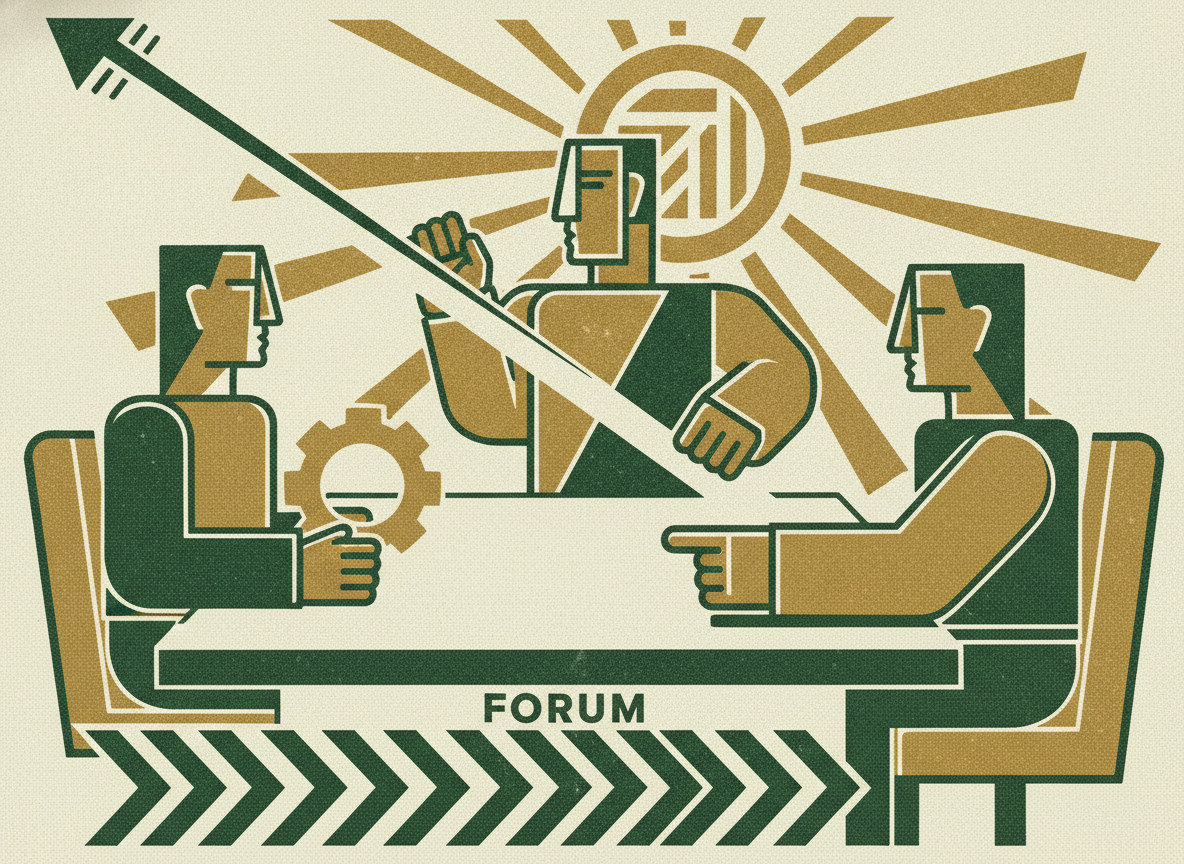 Woodcut illustration representing the qbr as a forward-looking decision forum.