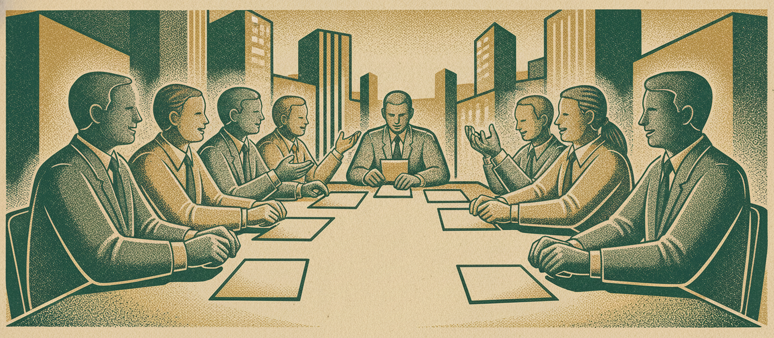 A wide woodcut frieze of finance professionals in conversation around a long table.