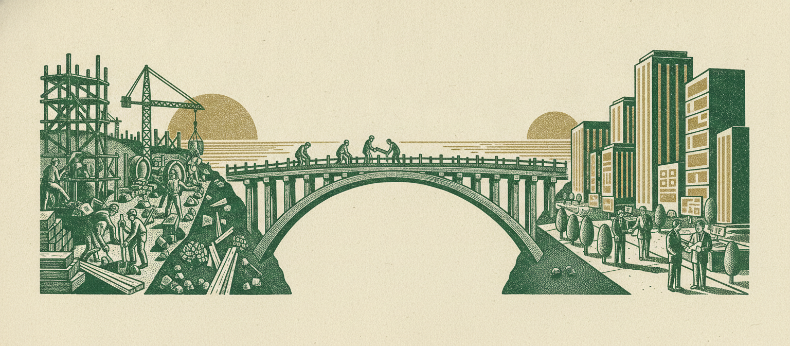 Woodcut banner of a bridge spanning from a construction site to a finished finance operation.