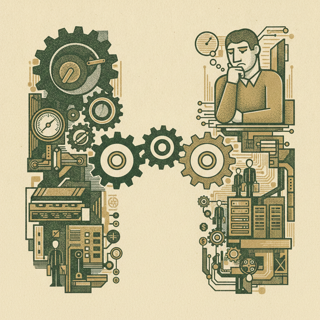 Two columns, a machine of gears and a thinking human, linked by a row of meshing gears, depicting a hybrid finance stack role by role.