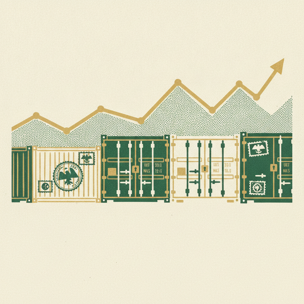 A wide woodcut frieze of shipping containers and duty stamps beneath a steady financial forecast line.