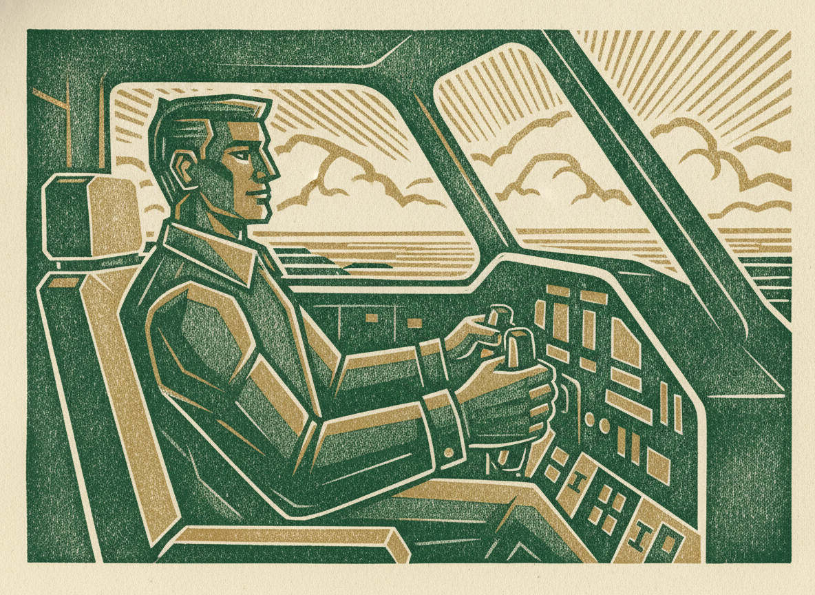 A founder in the pilot seat with a clear forward view, supported by a co-pilot CFO.