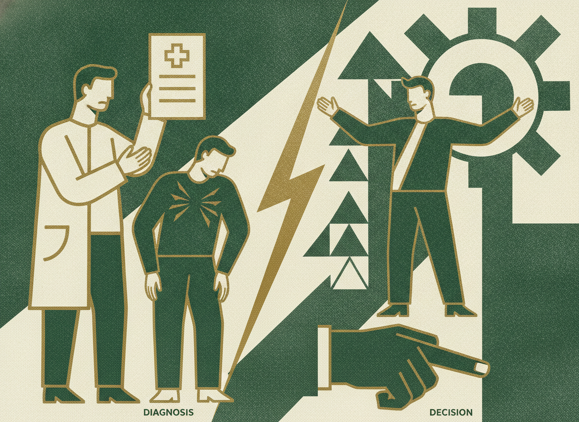 Woodcut illustration representing from diagnosis to decision.