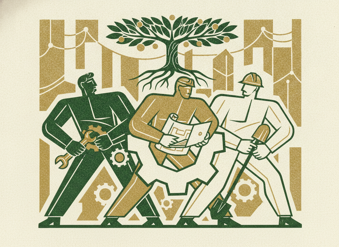 Woodcut illustration representing cross-training for redundancy.