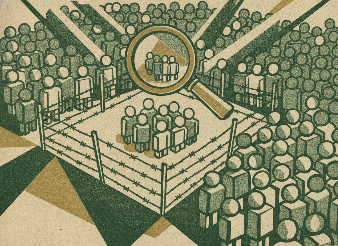 A magnifying lens over a small fenced test group separated from a larger crowd, a pricing cohort test.