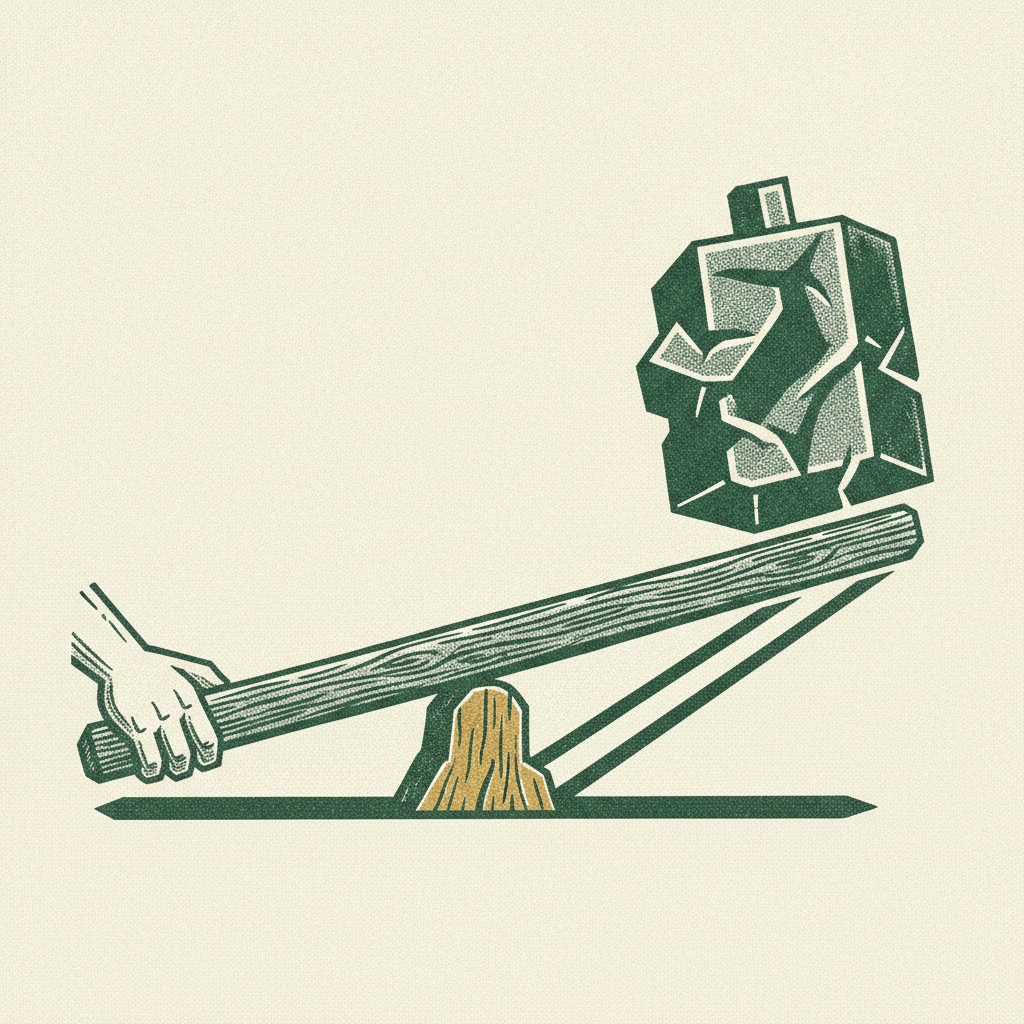 A woodcut lever and fulcrum where a small push lifts a large block, depicting operating leverage widening margins.