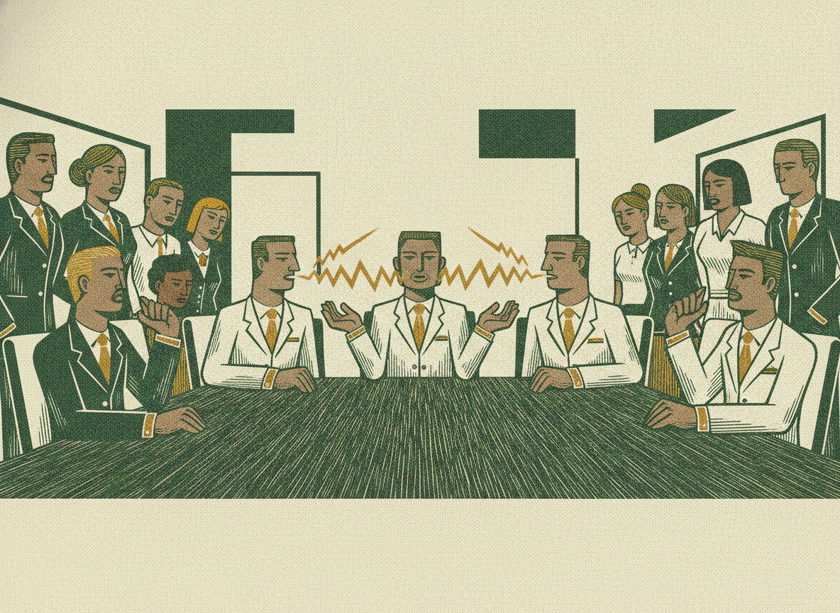 Figures around a boardroom table communicate outward to a team, showing a communications plan.