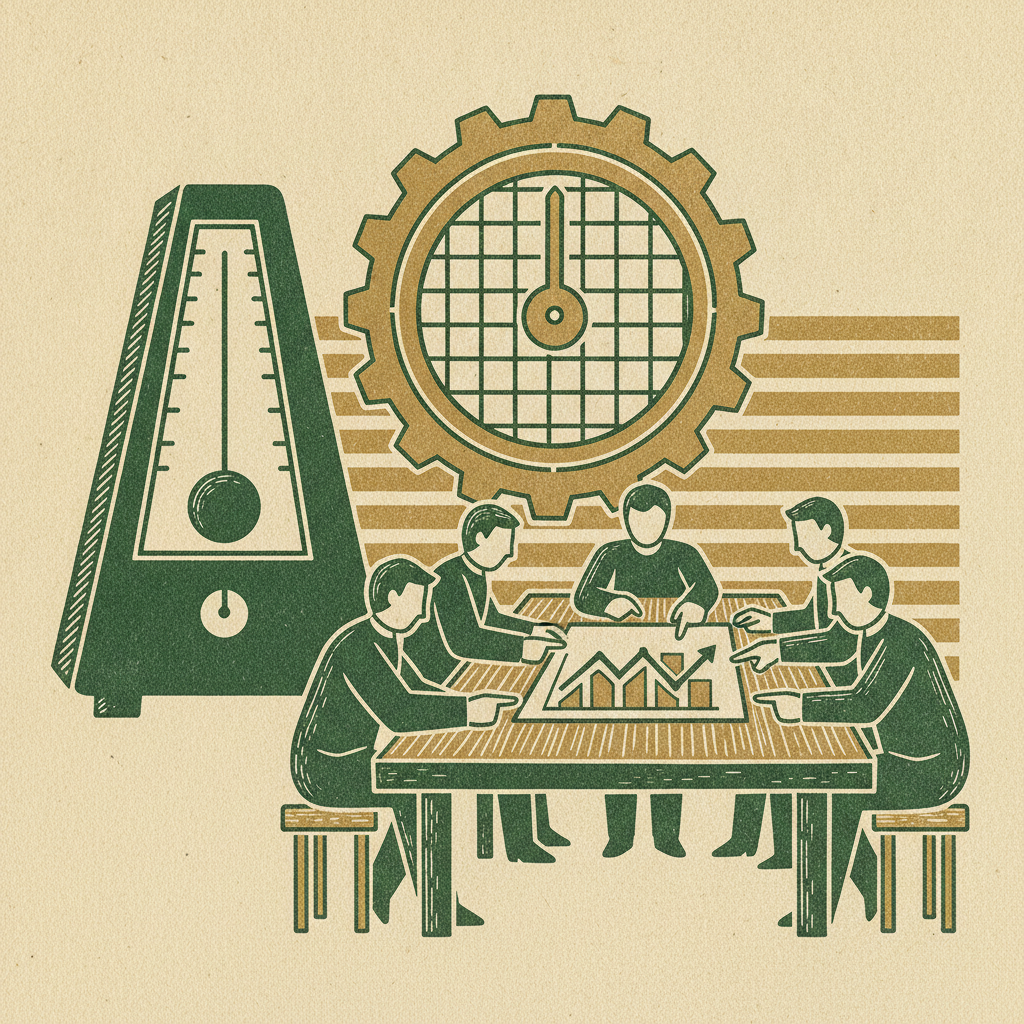 A monthly clockwork calendar beside a small team at a recurring forecast review, showing a disciplined reforecast cadence.