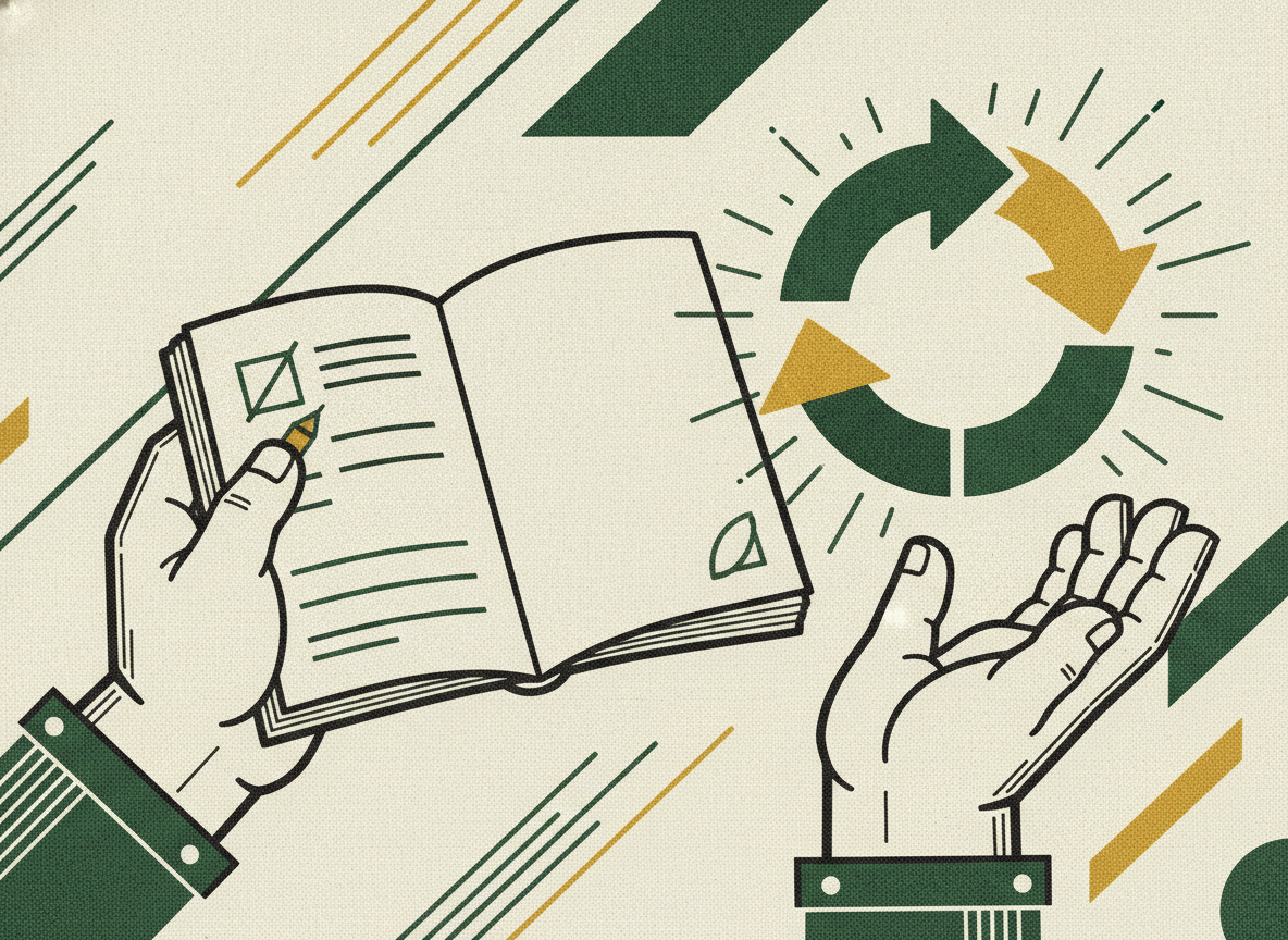 Hands update an open playbook beside a cyclical arrow, representing a quarterly refresh ritual.