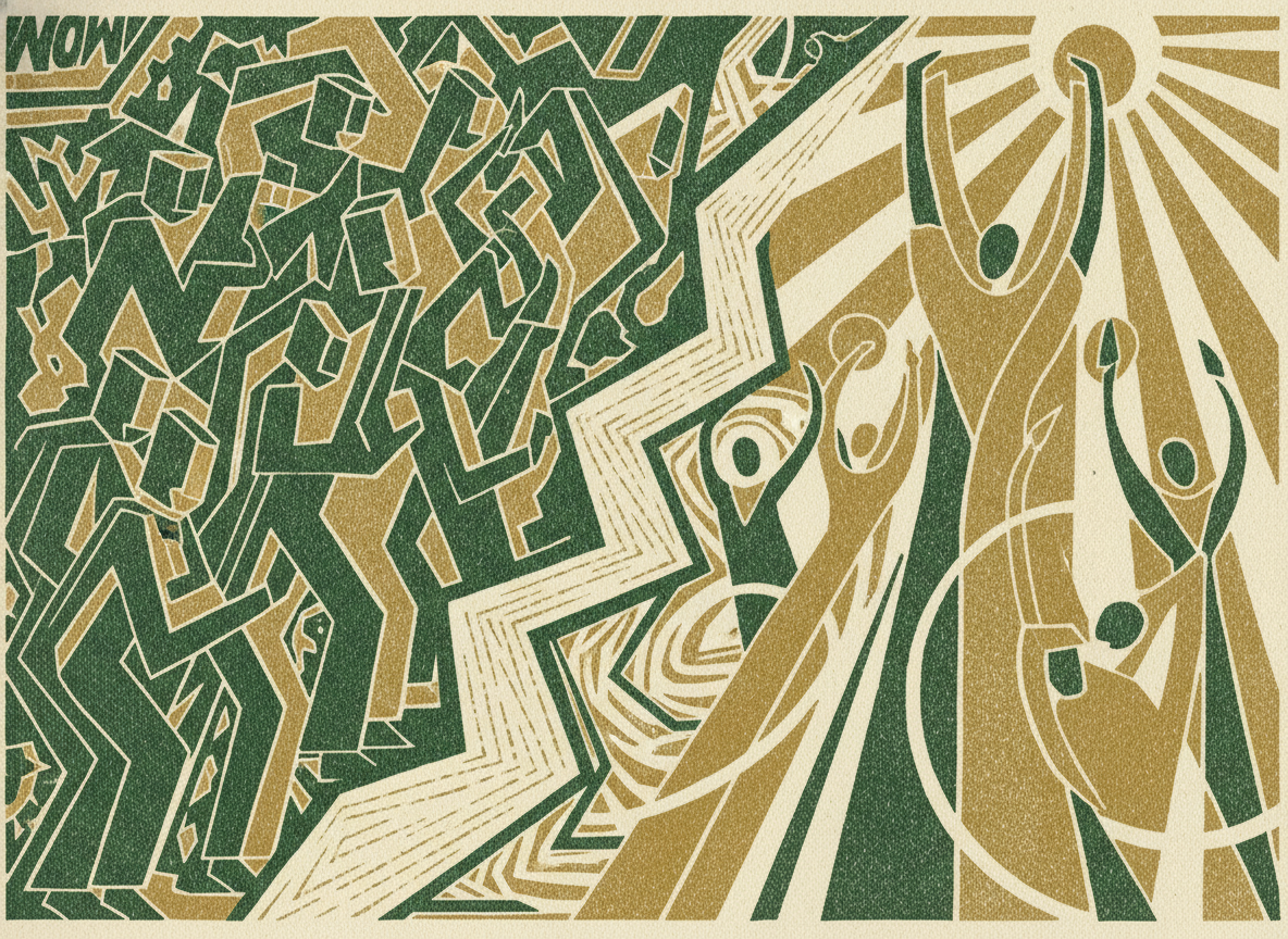 Woodcut illustration representing the core difference: now vs later.