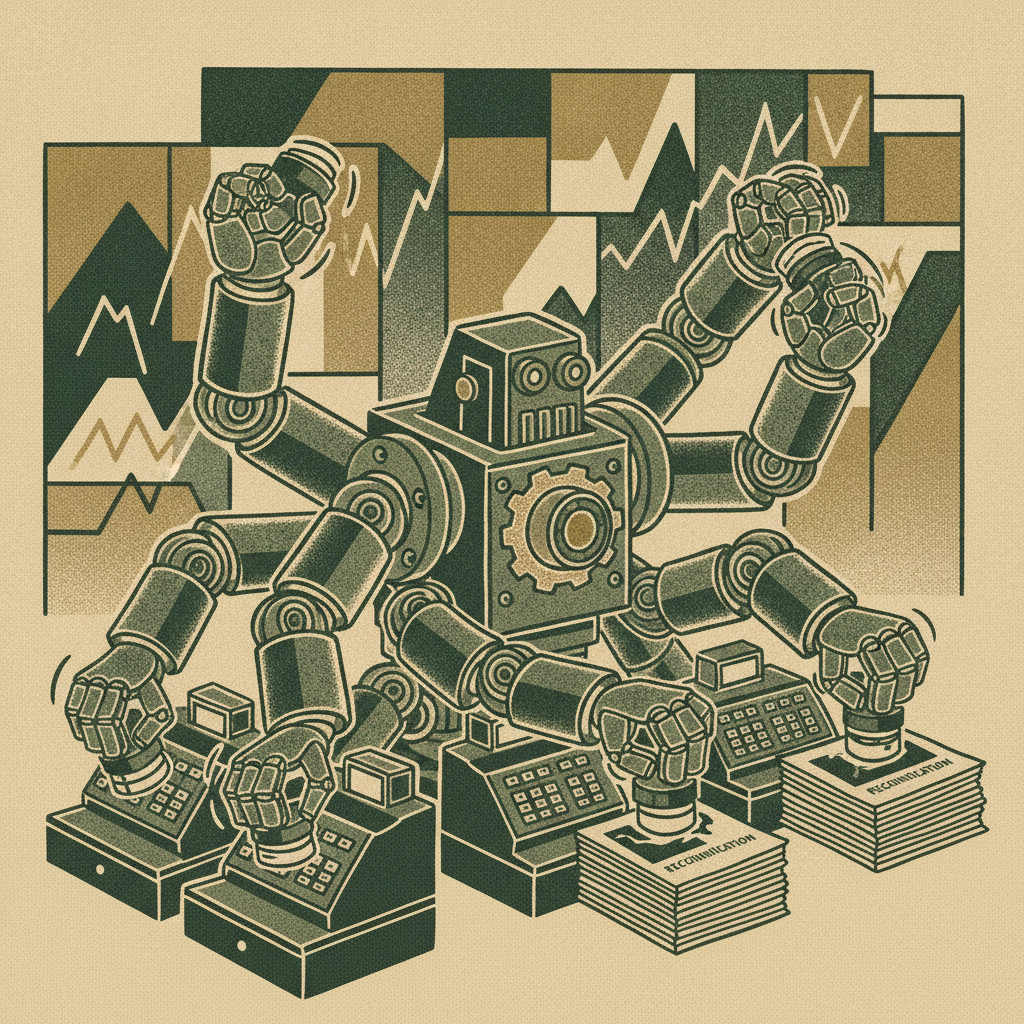 A many-armed mechanical figure turning rows of cash dials and updating forecast charts, showing AI agents handling recurring finance work.