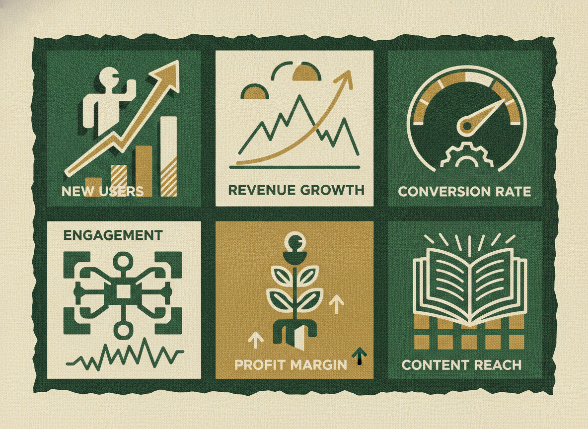 A compact grid of gauge and sparkline tiles representing a KPI dashboard of core metrics.