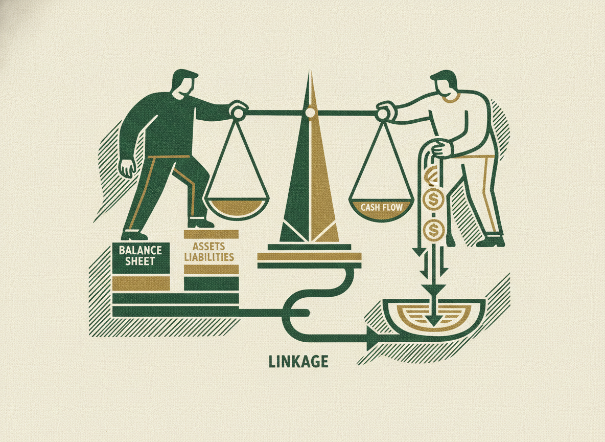 Woodcut illustration representing the balance sheet and cash flow linkage.