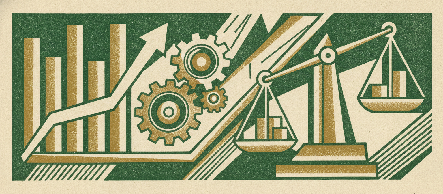 Wide woodcut finance frieze section divider.