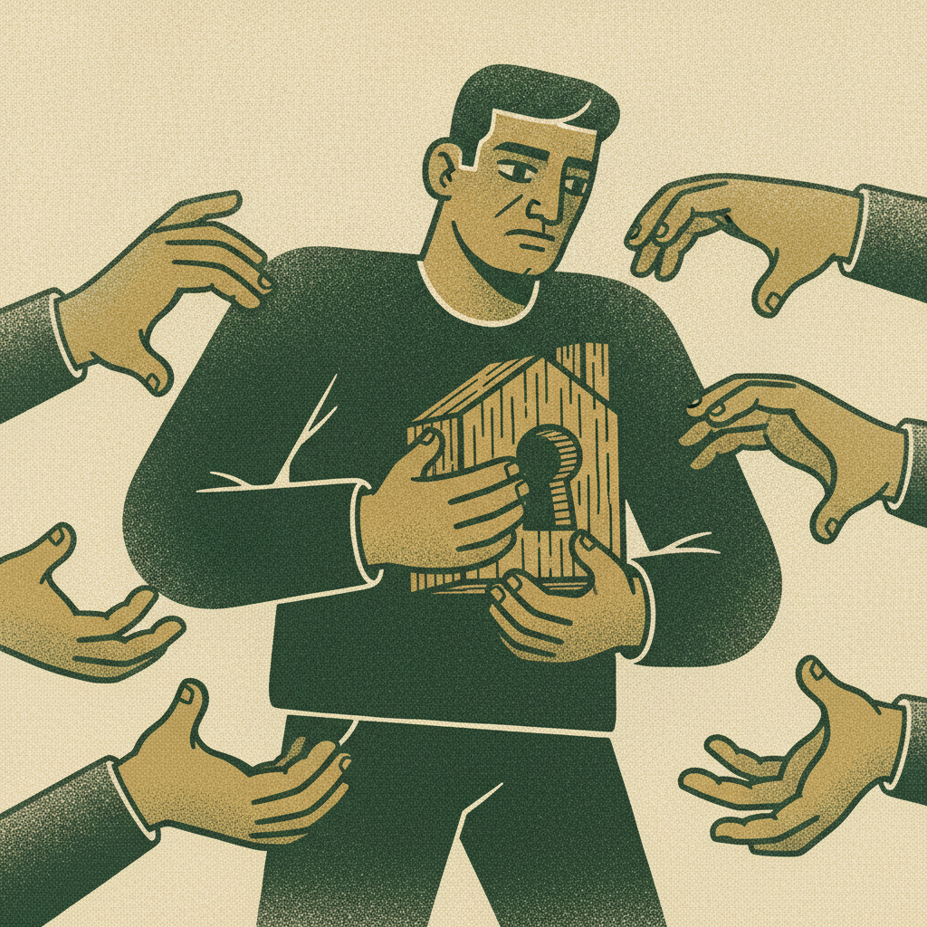 A founder shielding a small company from many reaching hands, showing ownership and control versus dilution.