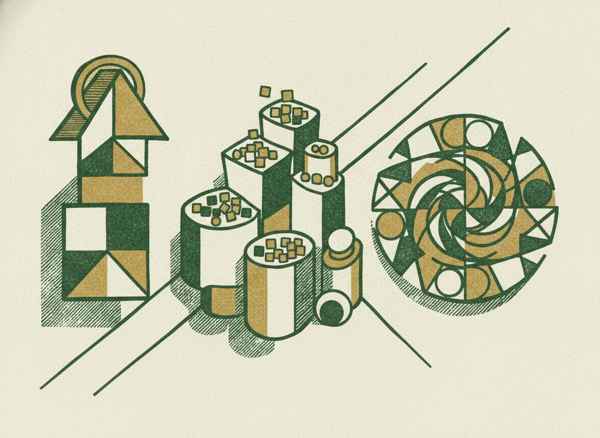 Woodcut illustration representing price, volume, and mix.