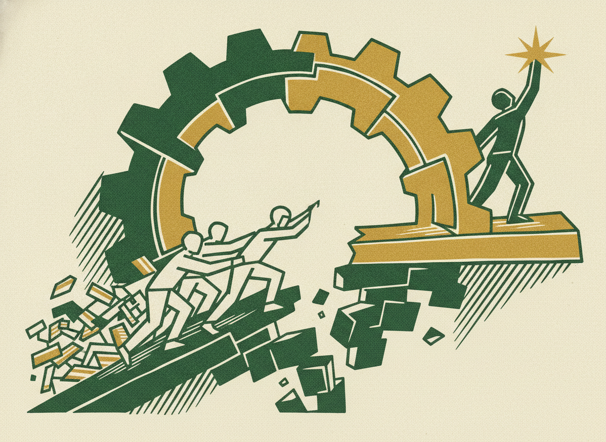 Woodcut illustration representing what a bridge round really is.