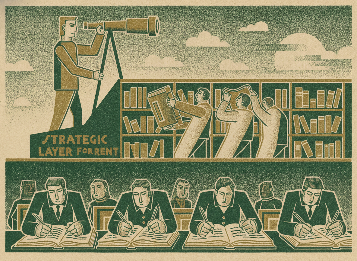 A three-tier finance structure with clerks recording, a middle band closing the books, and a lone figure at the top scanning the horizon.