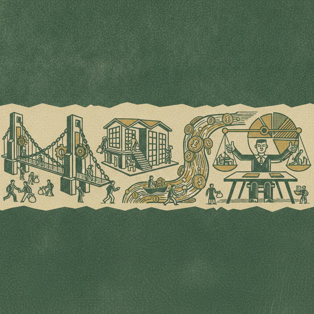 Woodcut panorama of three financing paths, a chain bridge, a shared building, and a coin river, converging on a founder at a decision table, showing a financing decision framework.