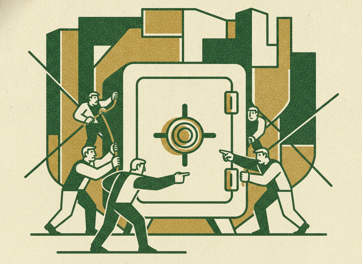 Woodcut illustration representing the case for the safe.