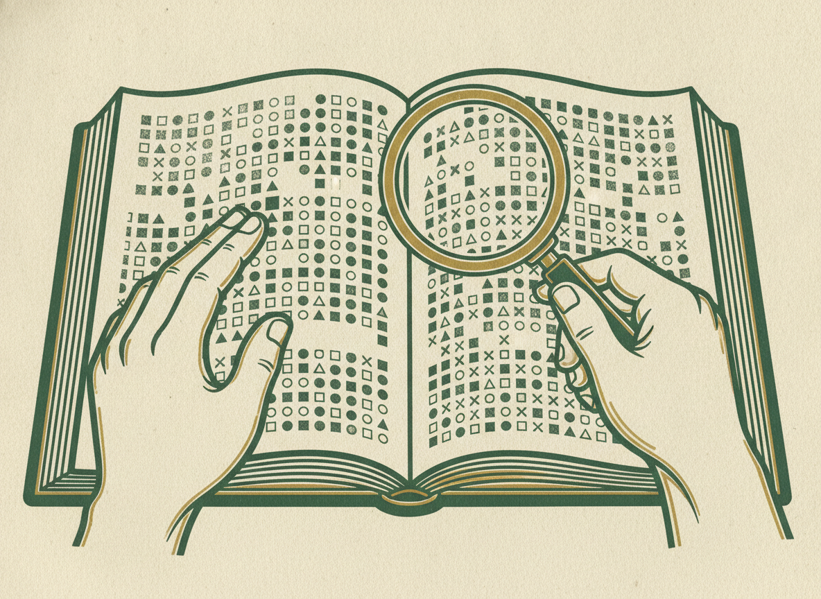 Woodcut of two hands verifying an open ledger under a magnifying glass.
