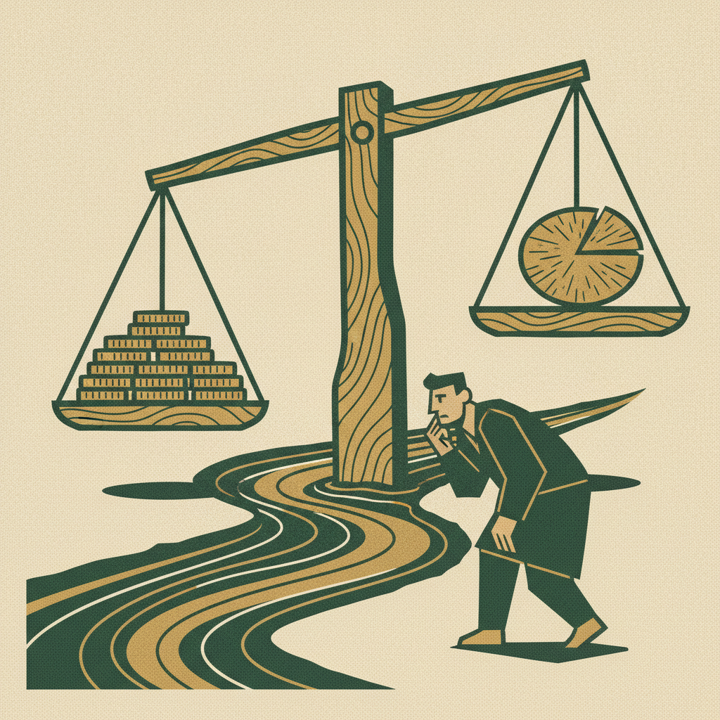 A balance scale weighing coins against a pie wedge over a river fulcrum, showing the debt and equity mix anchored on cash flow.
