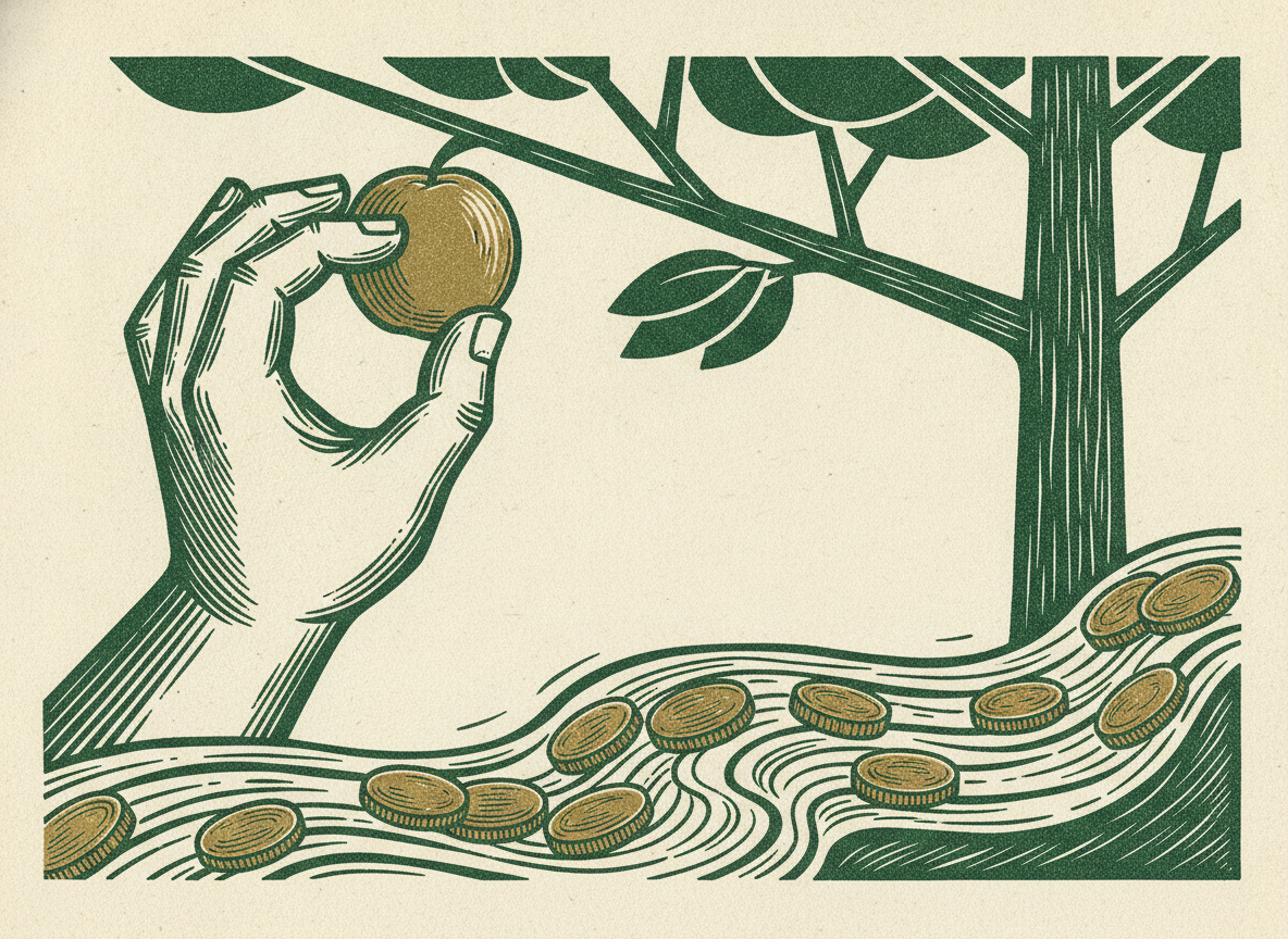 Woodcut of a hand plucking fruit from a tree as coins flow faster below.