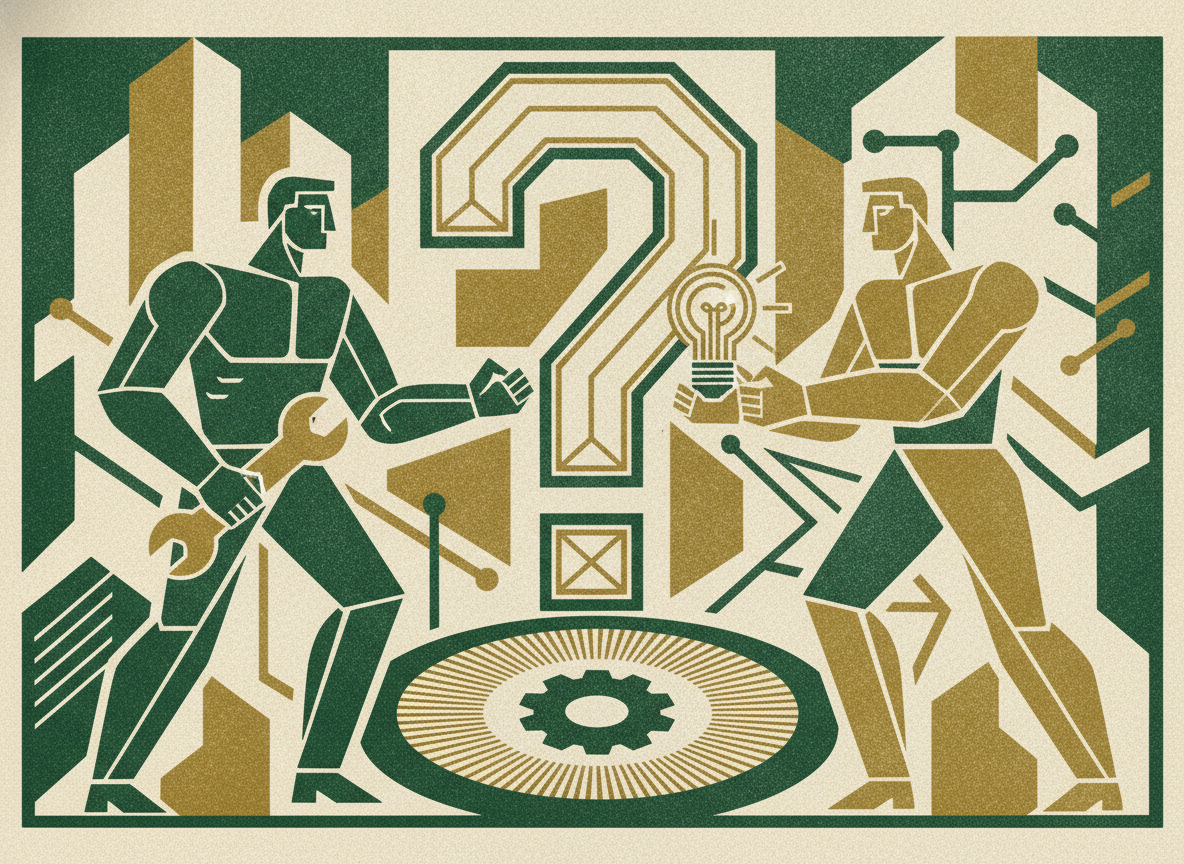Woodcut illustration representing which to hire first.