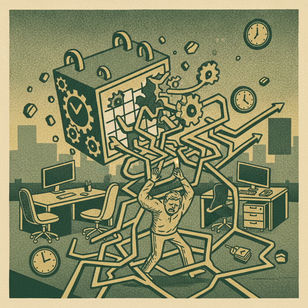 A fundraise sprawling into a tangled maze while the business behind falls idle, showing a raise consuming a full quarter of founder focus.
