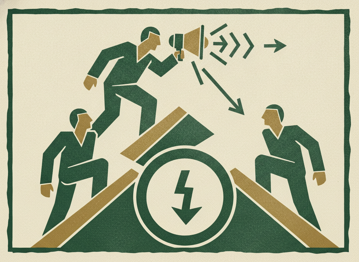 Woodcut illustration representing communicating through the down round.