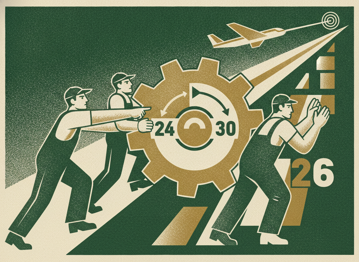 Woodcut illustration representing the 2026 runway target: 24 to 30 months.