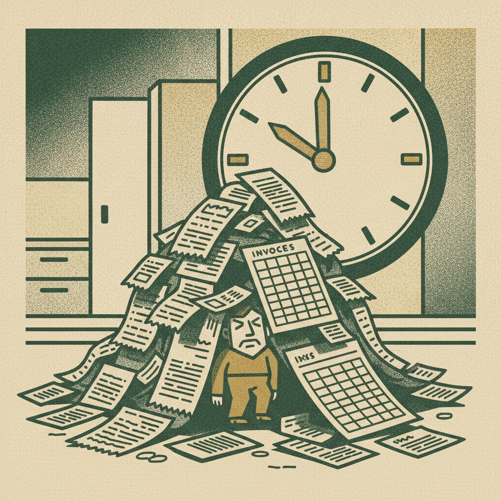 Woodcut of a founder buried under receipts and spreadsheets with a late clock, showing outgrown founder-run books.