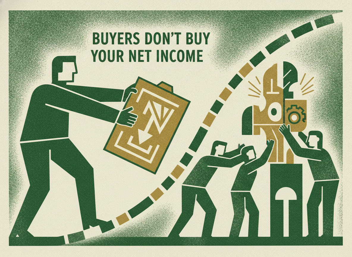 Woodcut illustration representing buyers don't buy your net income.