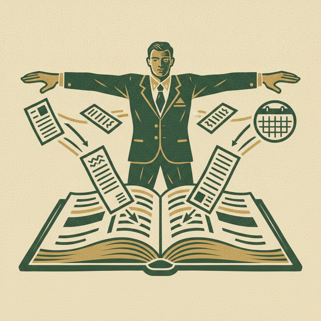 Woodcut of a controller directing flows of invoices, payroll, and a close calendar like an air traffic controller of finance.