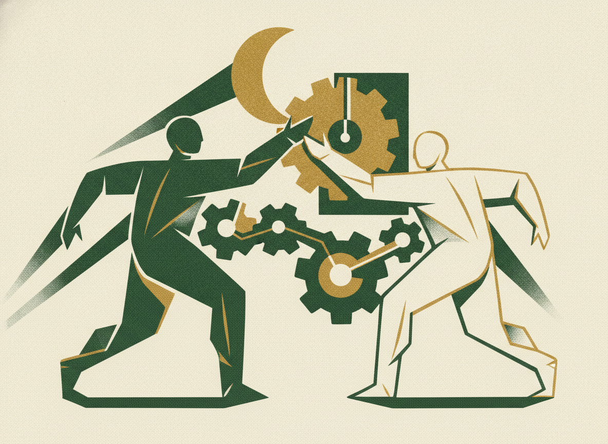 Woodcut illustration representing timing and relationship.