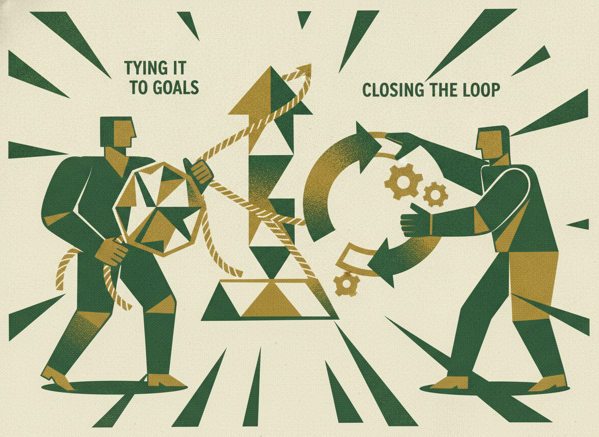 Woodcut illustration representing tying it to goals and closing the loop.