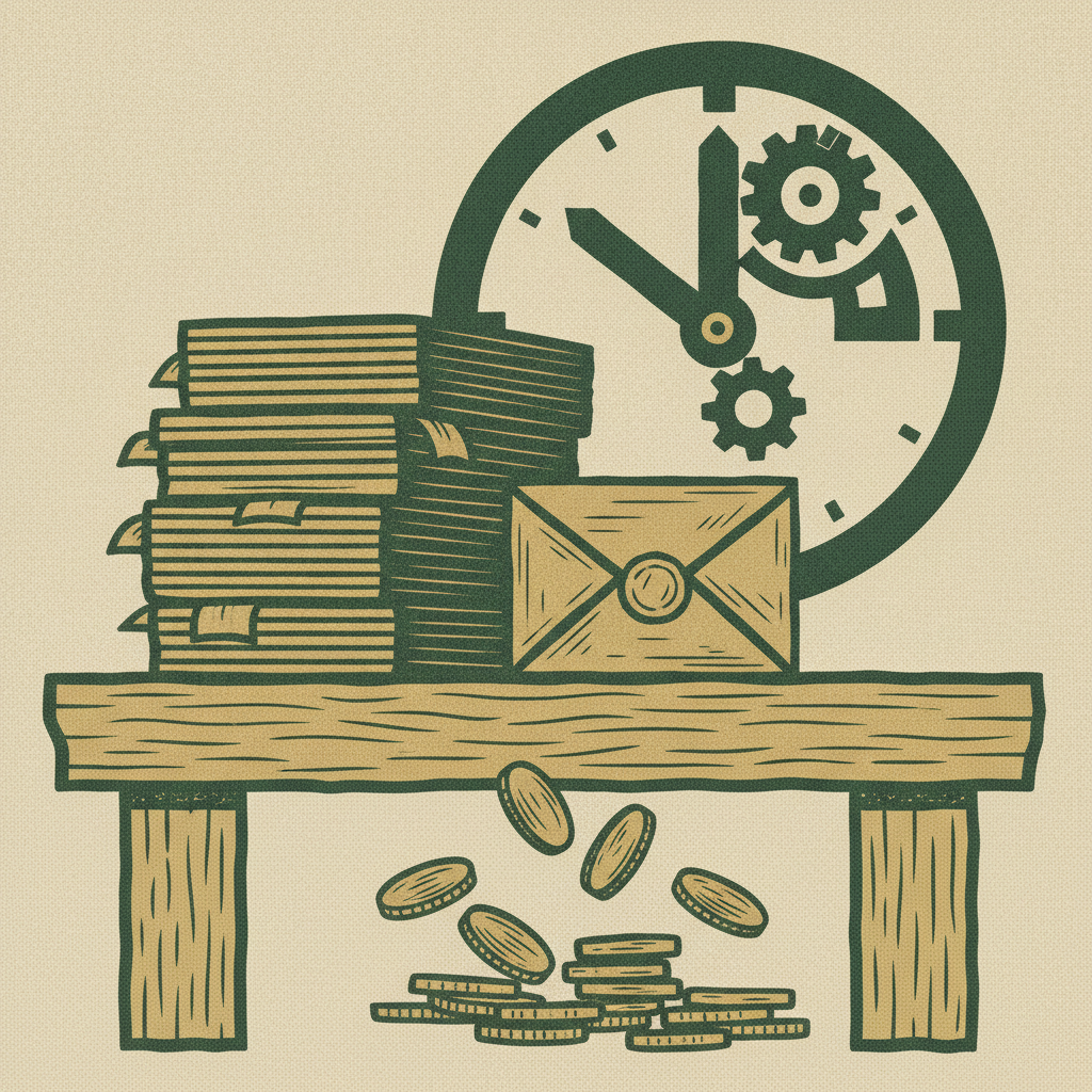 A finished stack of work beside a sealed unsent invoice under a ticking clock, showing the billing lag between doing the work and sending the bill.