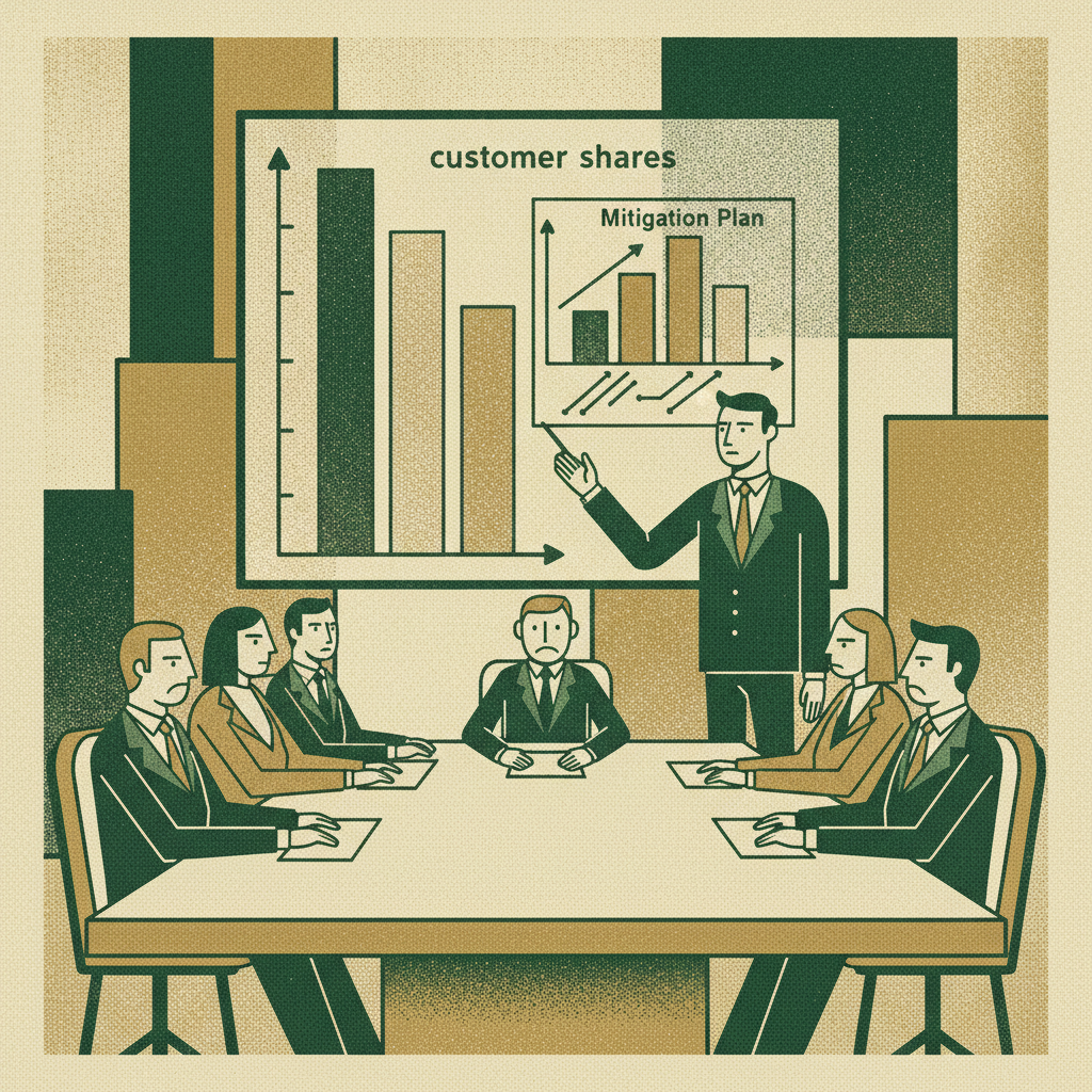 A founder openly presenting a chart of customer shares with one tall bar and a mitigation plan to a seated board, showing honest disclosure of concentration.